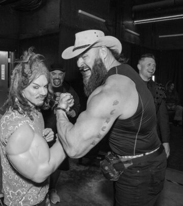 The veteran prop comic mingles with WWE stars at one of WrestleMania weekend's hottest events