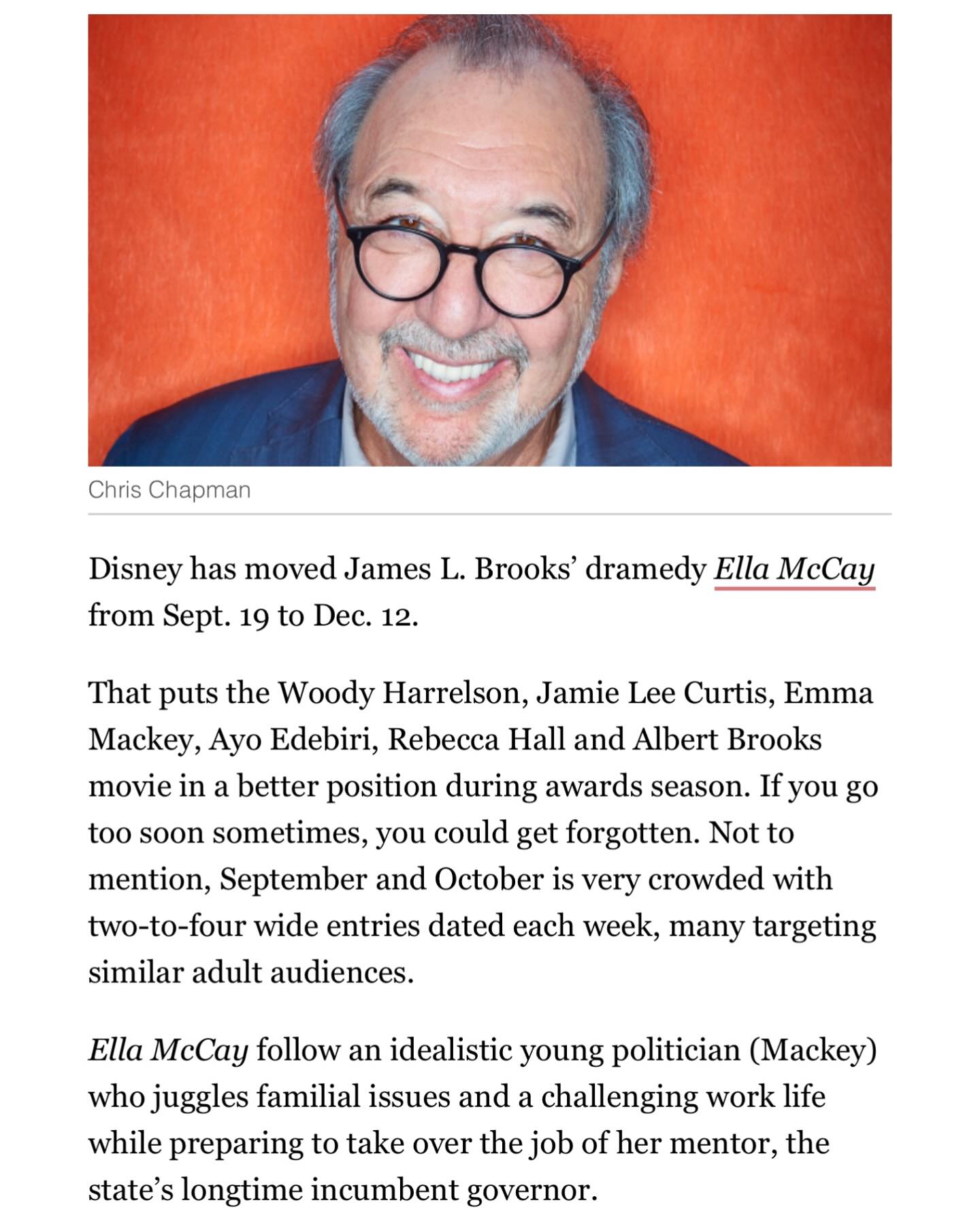 Disney to Debut James L. Brooks’ ‘Ella McCay’ This Holiday Season Jamie Lee Curtis cheers James L. Brooks' 'Ella McCay' – Disney holiday film lights up joy.