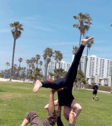 Actress Naomi Grossman embraces acroyoga under sunny skies, blending fun, fitness, and art.