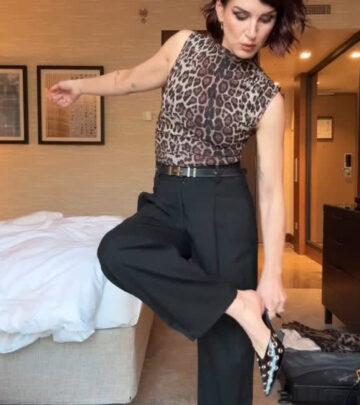 Shenae Grimes-Beech stuns with a day-to-night look featuring leopard prints and smoky eyes.