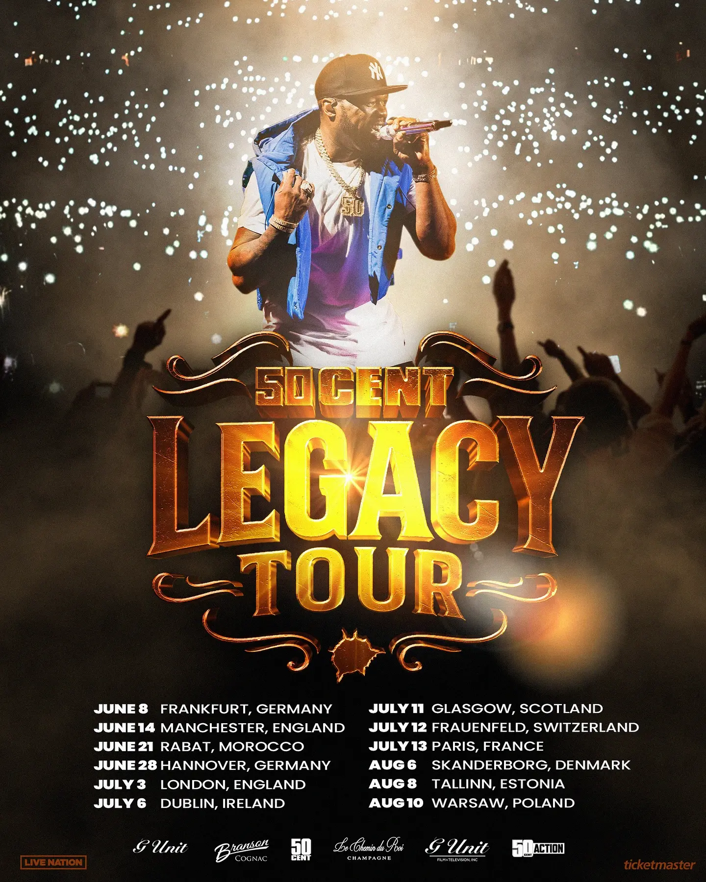 Rap legend 50 Cent embarks on a thrilling European tour, igniting stages with power-packed