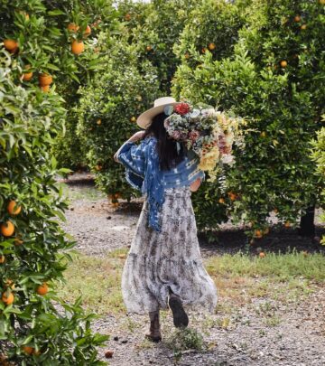 Celebrity Abigail Spencer greets the weekend with flair and bursts of orange energy galore.