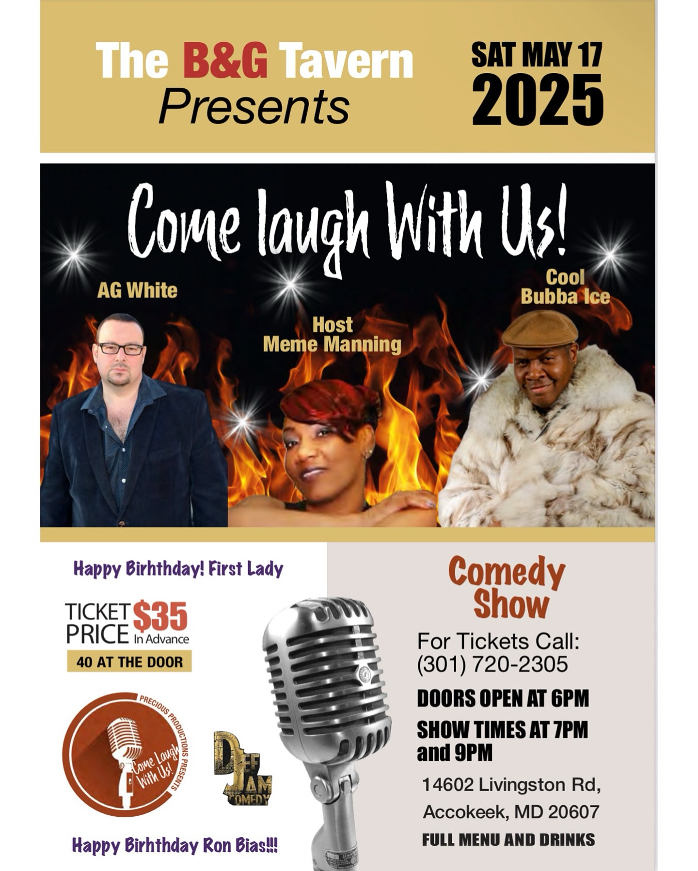 Accokeek Comedy Night Lights Up BN Tavern Laugh out loud tonight in Accokeek with A.G. White, Kool Bubba Ice & MeMe Manning for double shows now!
