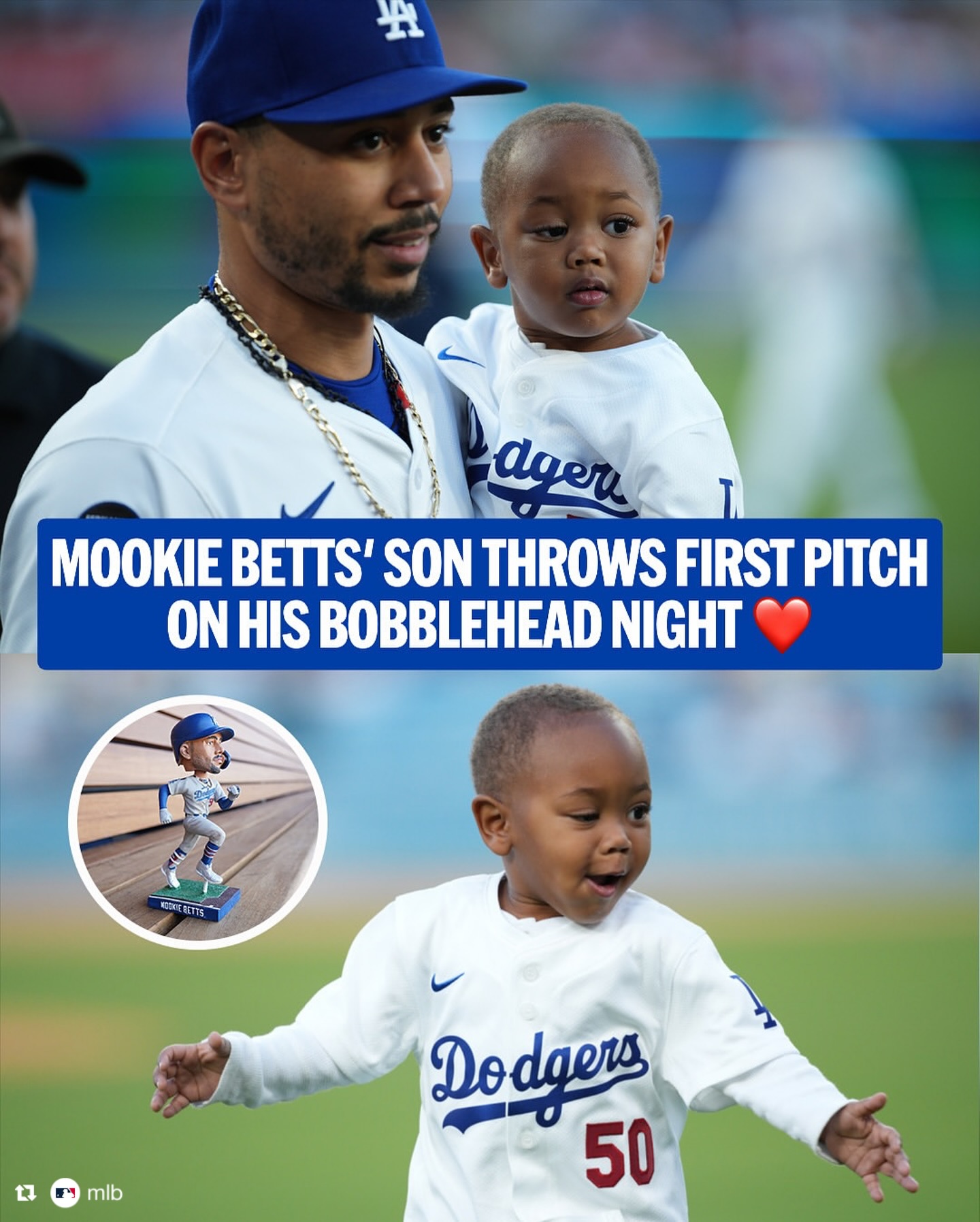 Betts family brings charm to bobble head night as lil Kaj dashes to right field in joy. Aw