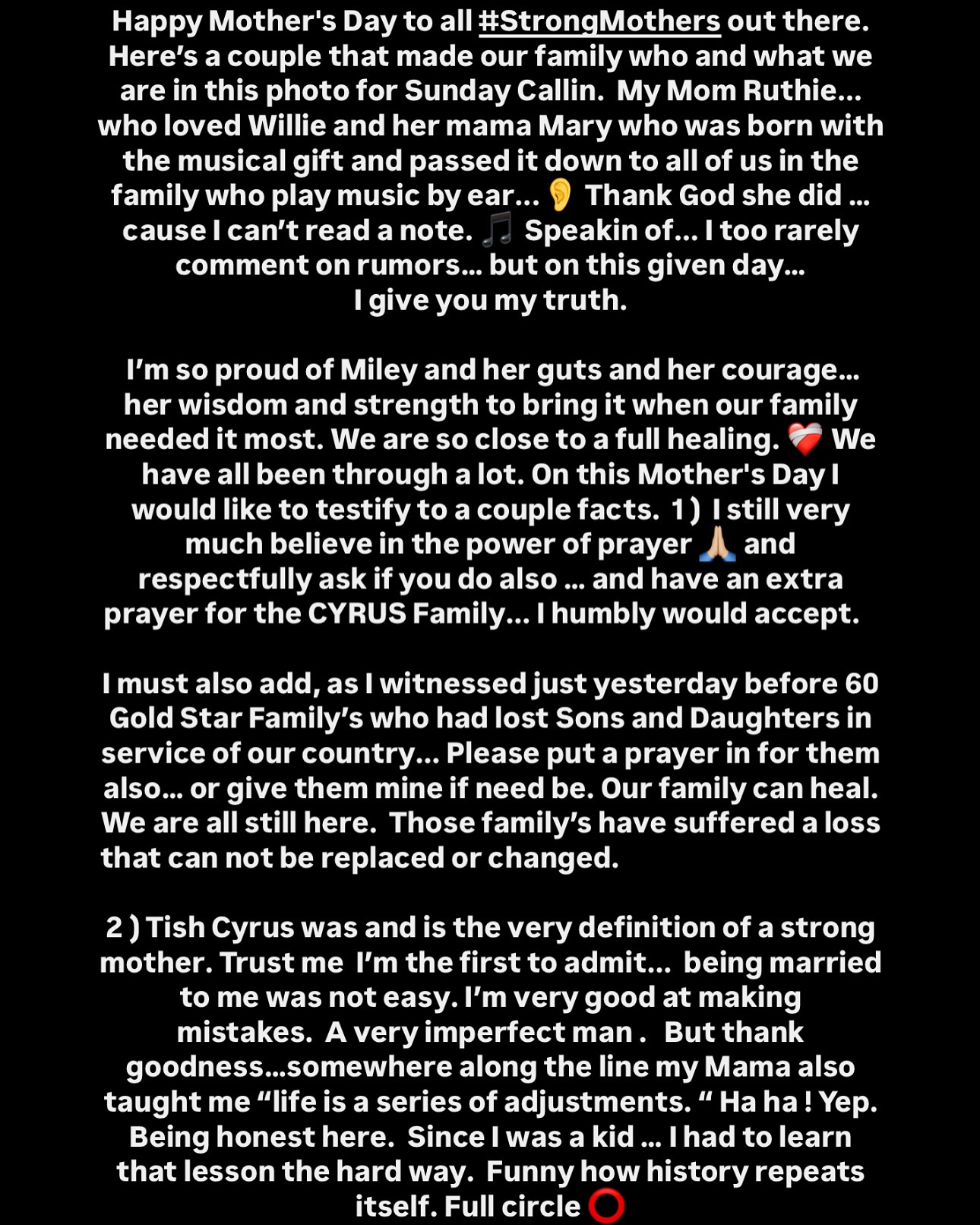 Country singer Billy Ray Cyrus shares a heartfelt moment of reflection and gratitude today.