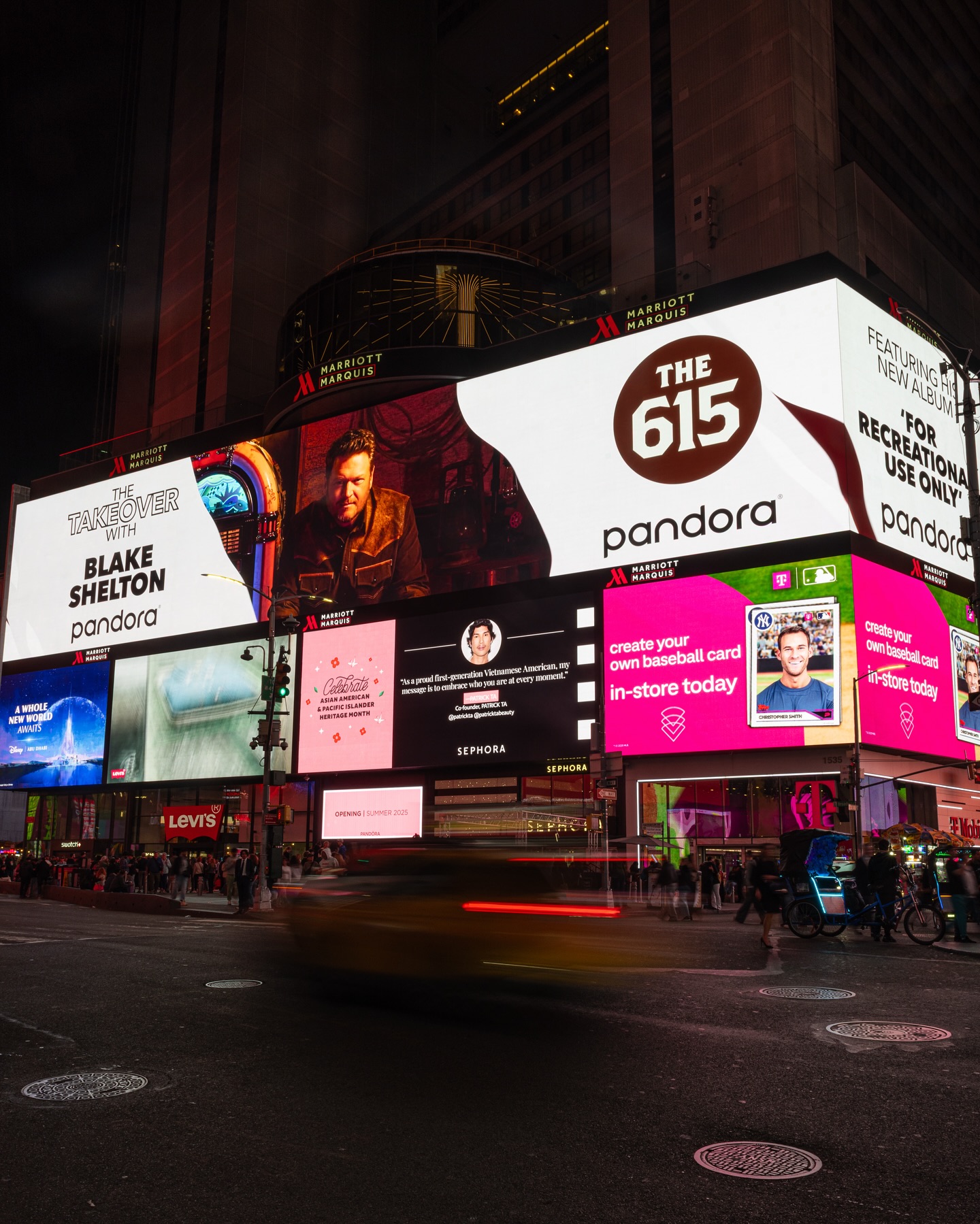 Blake shines in a major Pandora takeover at Times Square, unveiling his album celebration.