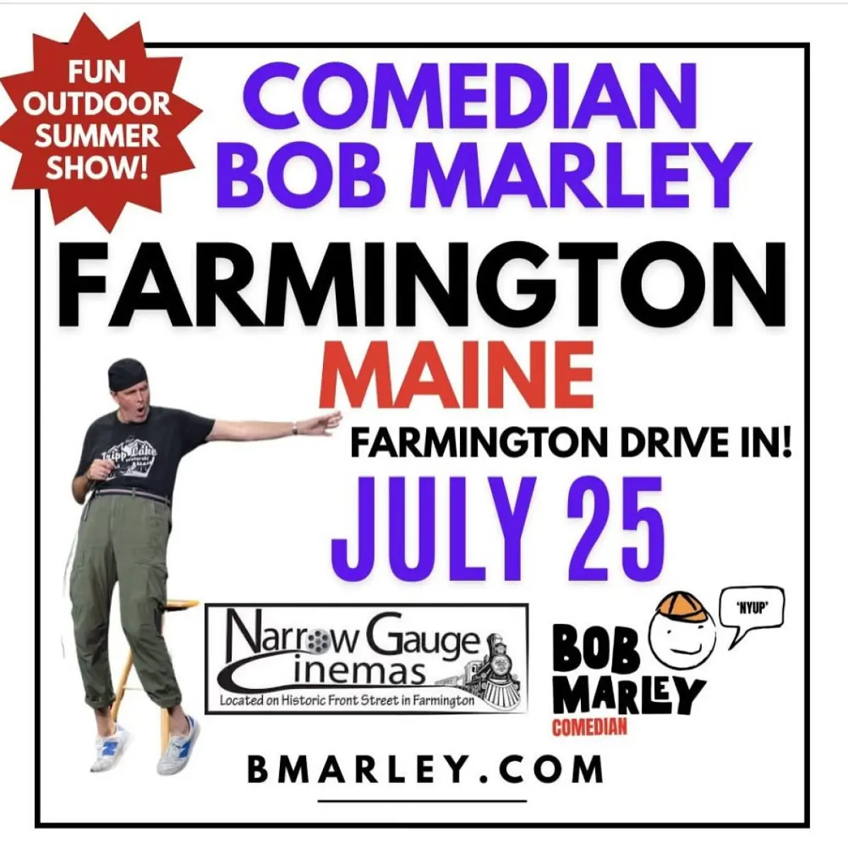 Bob Marley Comedy Heads To Farmington Maine Stand-up comic returns to Farmington with outdoor show at Narrow Gauge Cinemas on July 25.