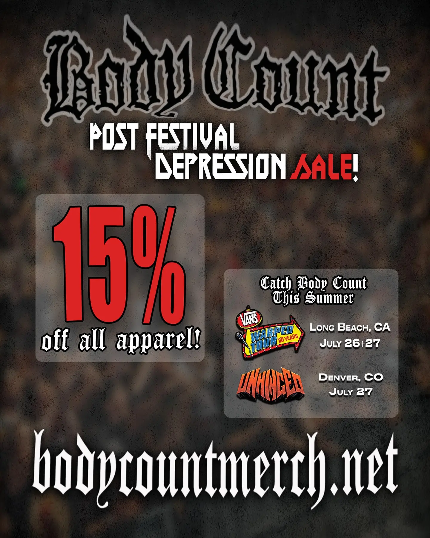 Body Count Drops 15% Off Apparel Ahead of Summer Festivals Grab 15% off Body Count apparel then catch them live at Vans Warped & Unhinged this July!!