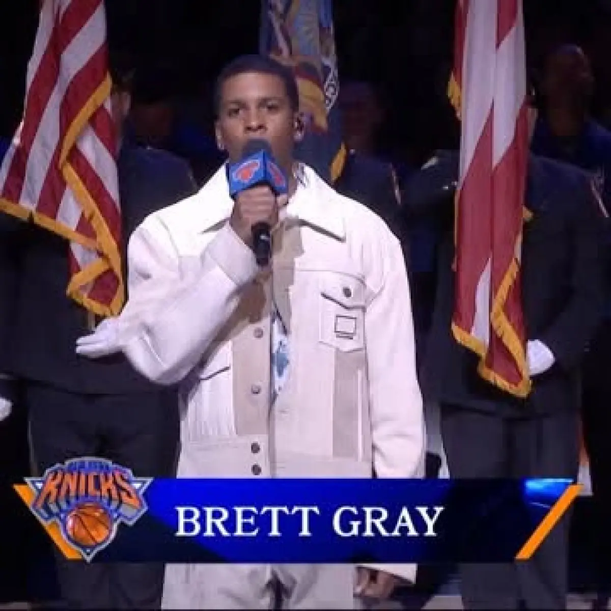 Brett Gray Sings National Anthem In NYC Debut performance at The Garden sparks buzz in NYC with heartfelt playoff wishes & proudly!