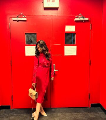 Camille Guaty stuns in Halston red and Veronica Beard white for her NYC DUSTER promo blitz