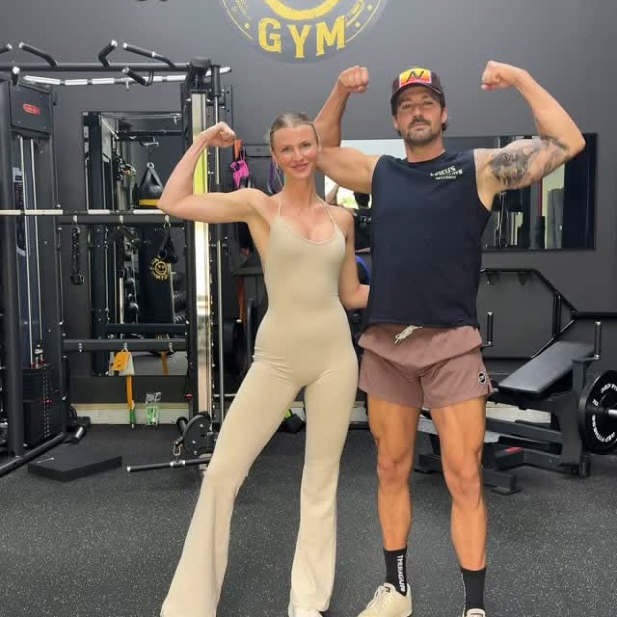 Sweat, laughs, and playful challenges unite hearts in the gym, capturing celeb fitness fun.