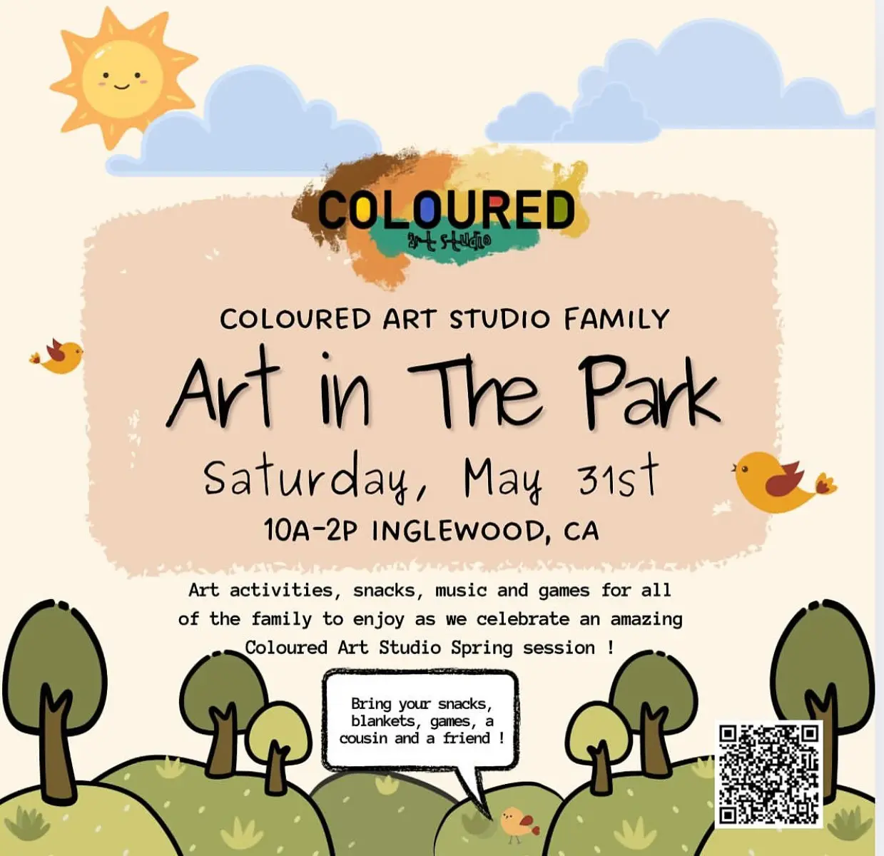 Coloured Art Studio Hosts Spring Art in the Park Party Families and kids can paint play games and snack in our creative outdoor community picnic.