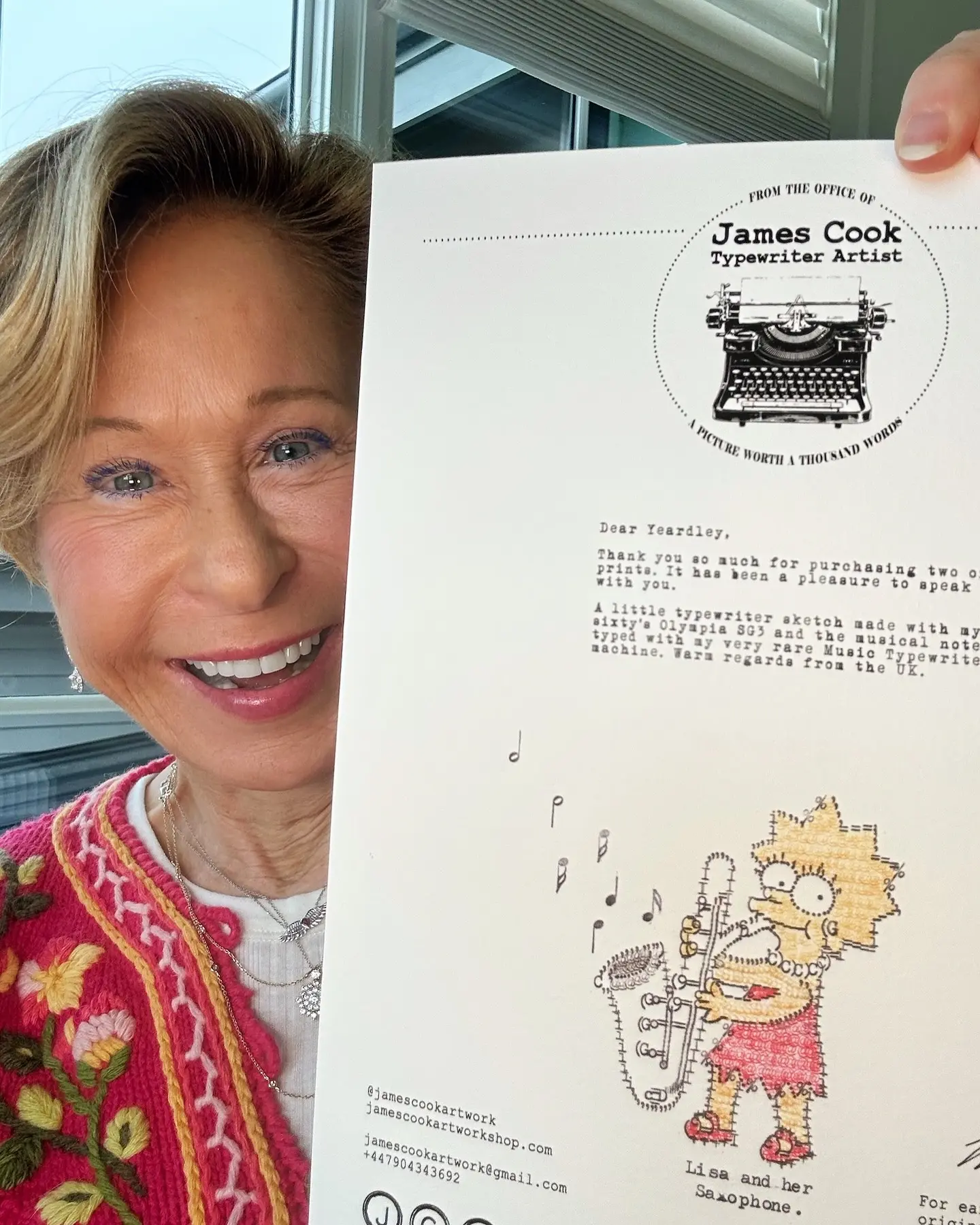 James Cook Artwork unveils typewriter sketch of Lisa with her sax, delighting fans on IG!