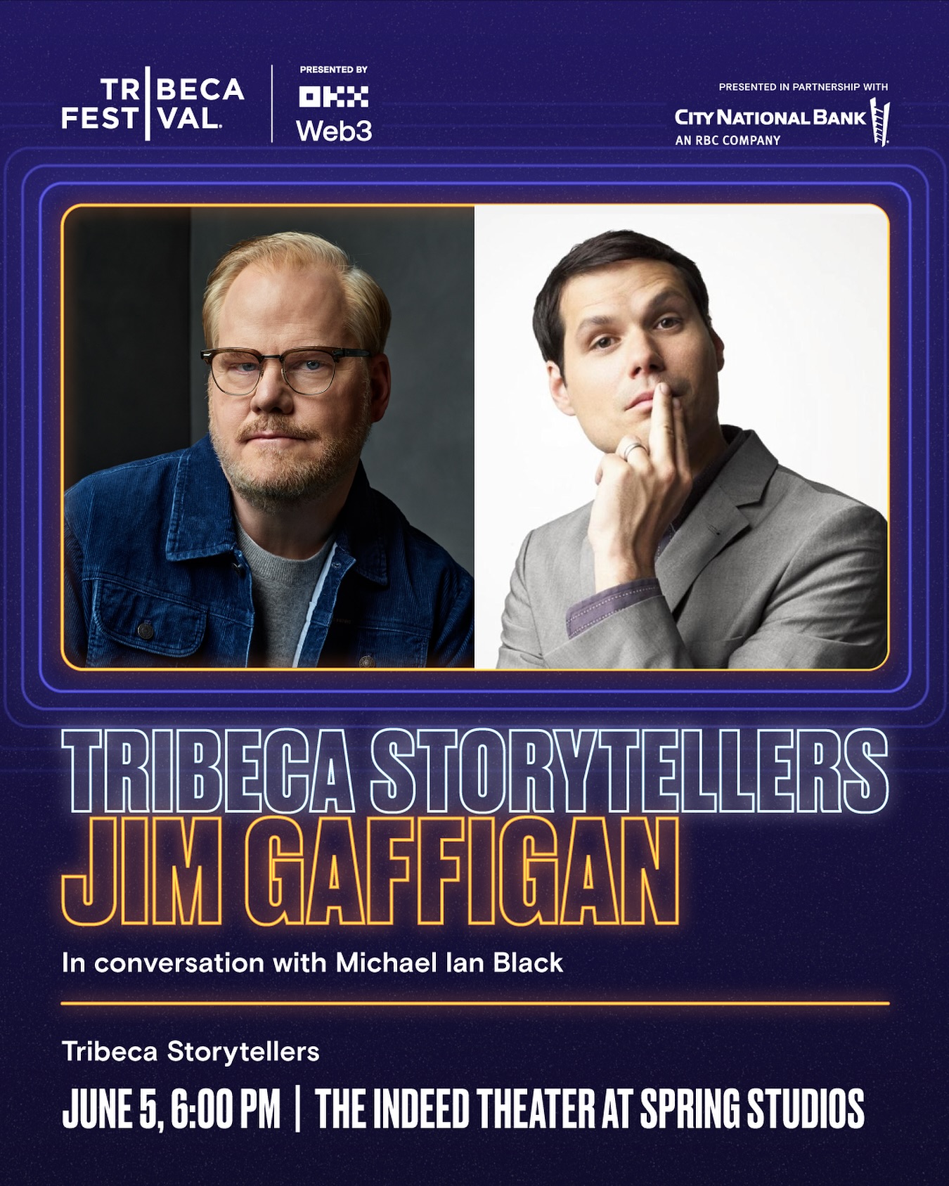 Gaffigan Hosts Michael Ian Black At Tribeca Storytellers Renowned comedian Jim Gaffigan invites Michael Ian Black for insightful banter at Tribeca!