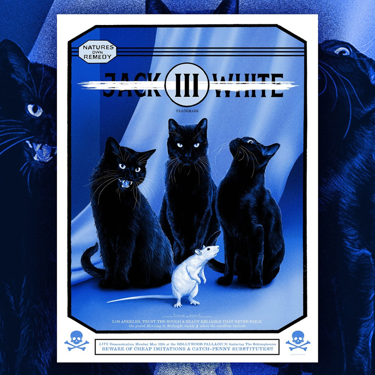 Bespoke show posters crafted for tonight’s LA performance spotlight Jack White’s artistry.