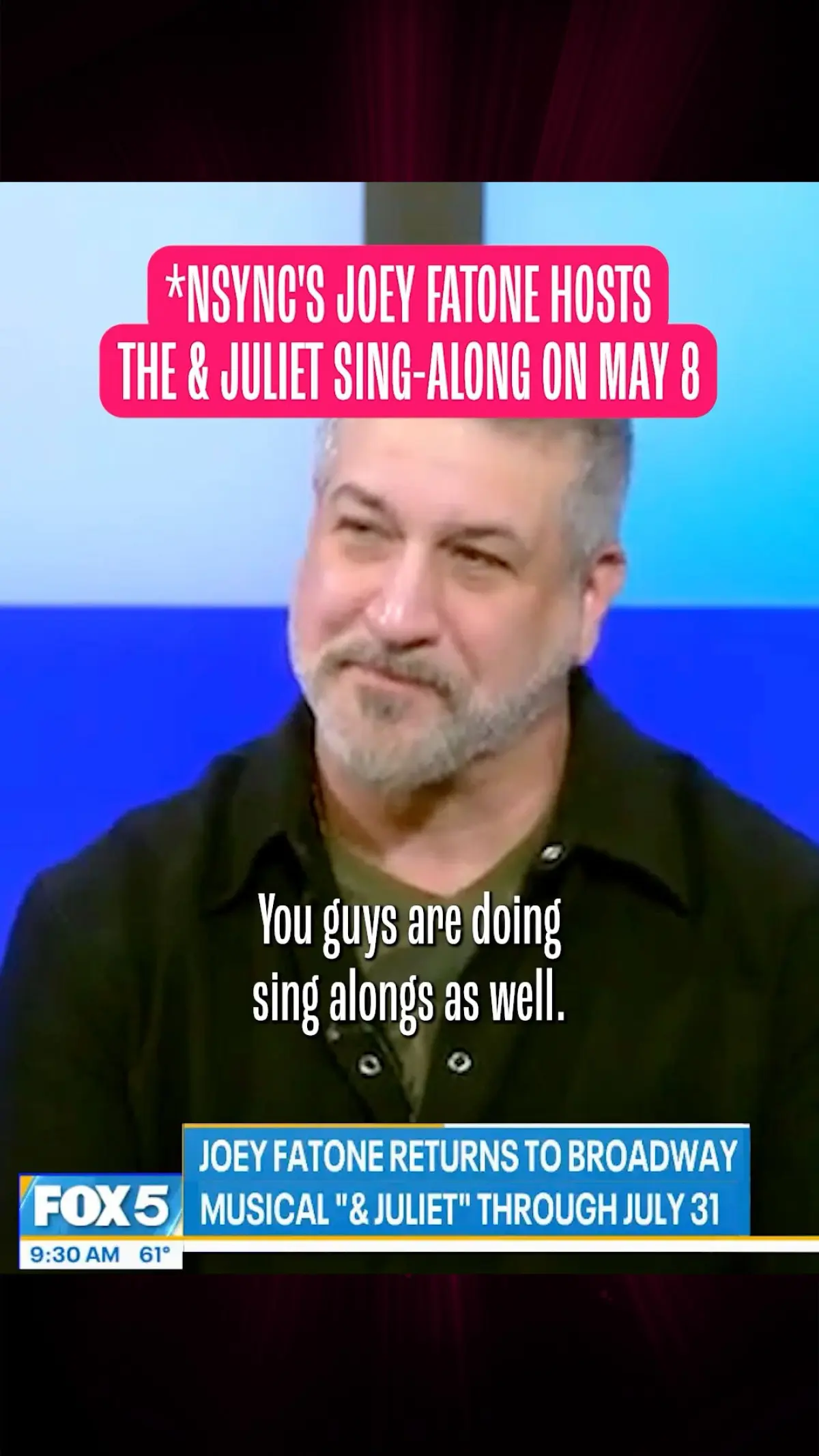 Joey Fatone Hosts Broadway Sing-Along Event Joey Fatone invites fans to a Broadway sing-along tomorrow. Secure tickets via bio now!!!