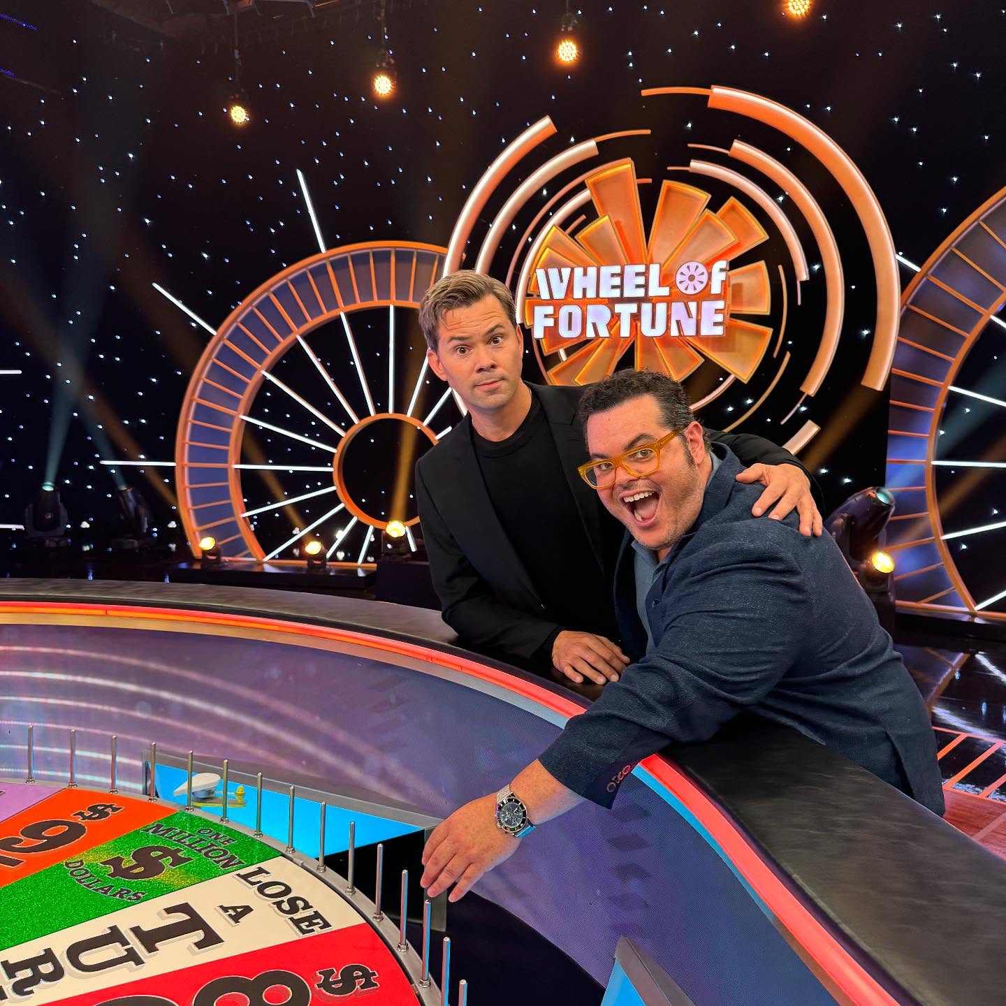 Josh Gad Lights Up Celebrity Wheel Of Fortune Josh Gad teams with Andrew Rannells and Katharine Foster on Celebrity Wheel live episode!!