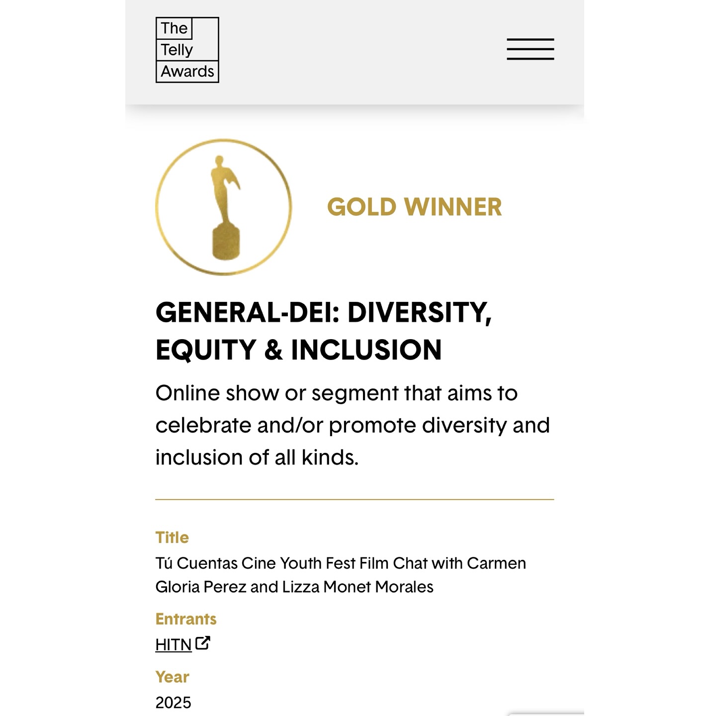 Lizza Scores Triple Telly Win for HITN’s Youth Fest Film Chat Actor-activist earns Gold, Silver & Bronze Tellys for HITN series success with fan support