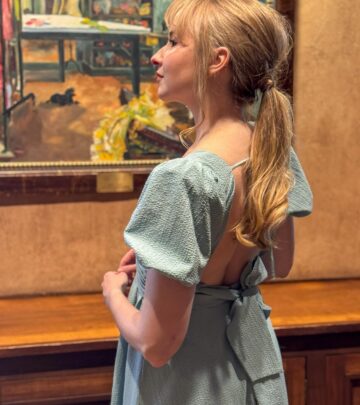 Actress shows a fresh rental look via @nuuly with the label’s flowing gown, shot by Avalon