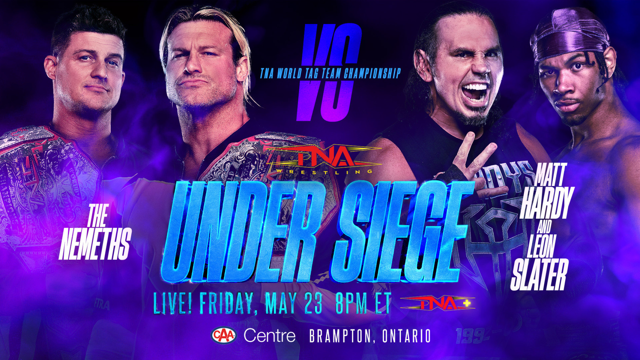 Hardy's bold move pairs with Slater to vie for tag titles at TNAUnderSiege at Ontario ring.