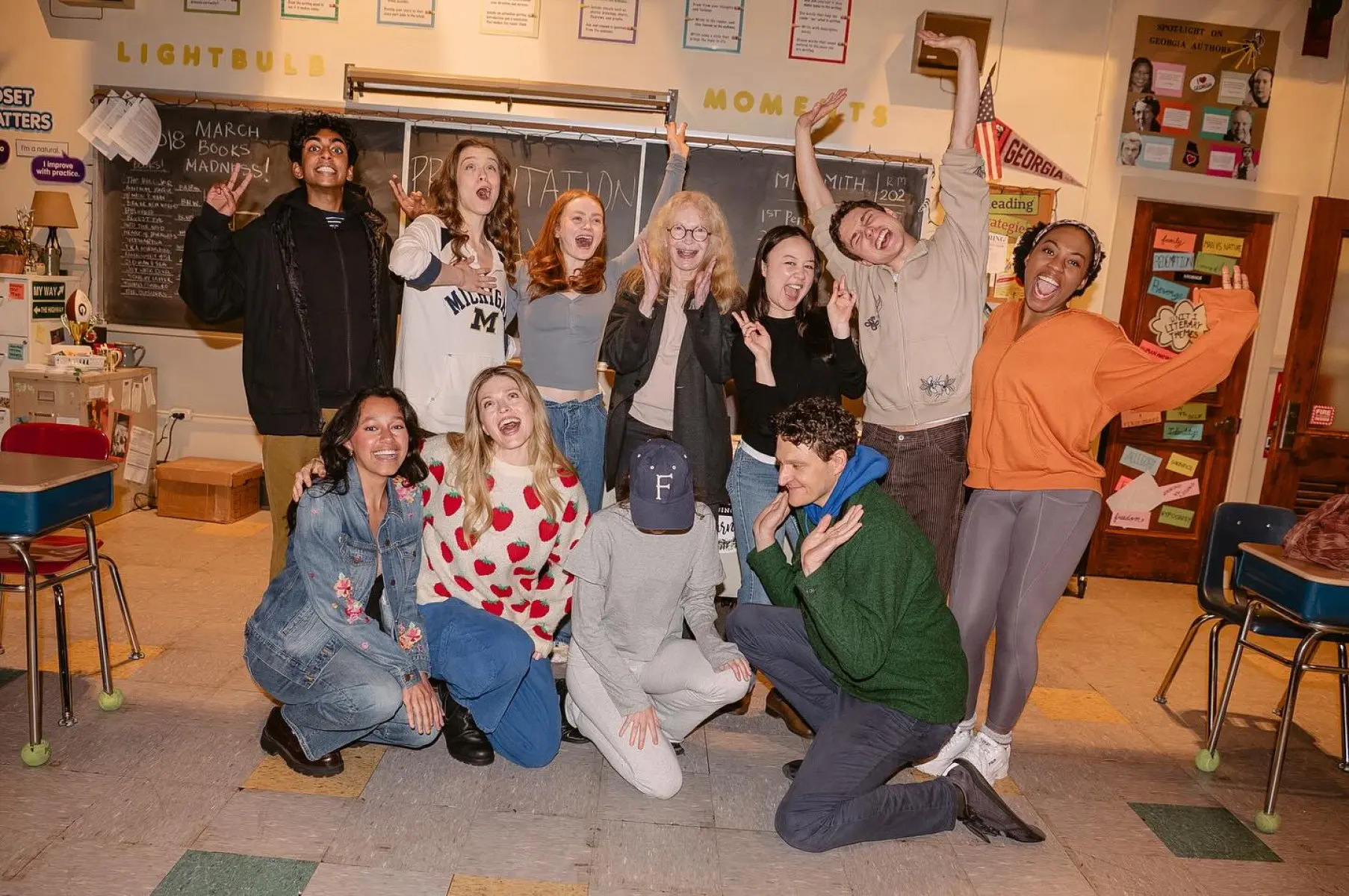 Mia Farrow Celebrates John Proctor Is the Villain Tony Nod Actress fronts backstage footage with Sadie Sink, Gabriel Ebert & Fina Strazza nominations