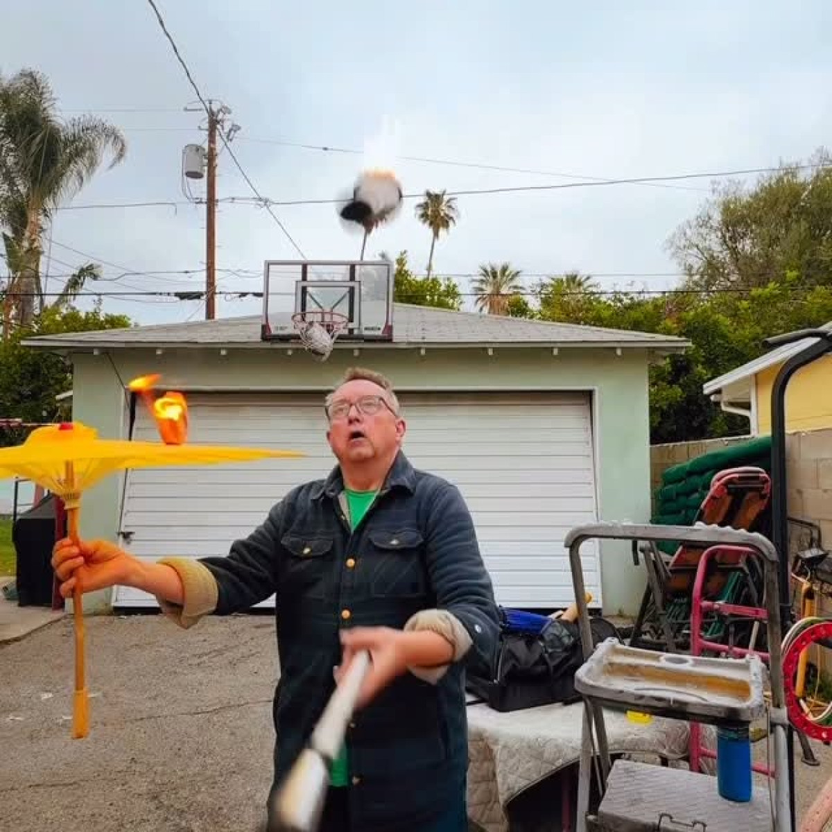 Michael Raynor displays quirky circus tricks, missteps in a bold driveway act with flair!!