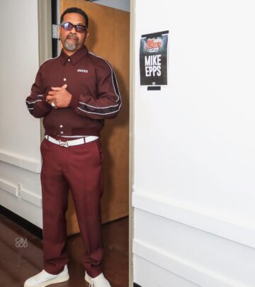 Mike Epps shares vision tips on tour, blending humor with a cranberry health note in style.