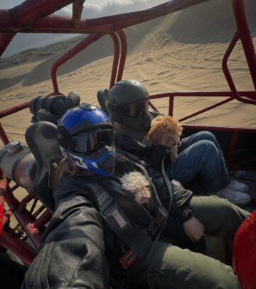 Actress and friend Georgie end up stuck in loose grains after off-road fun in desert hills