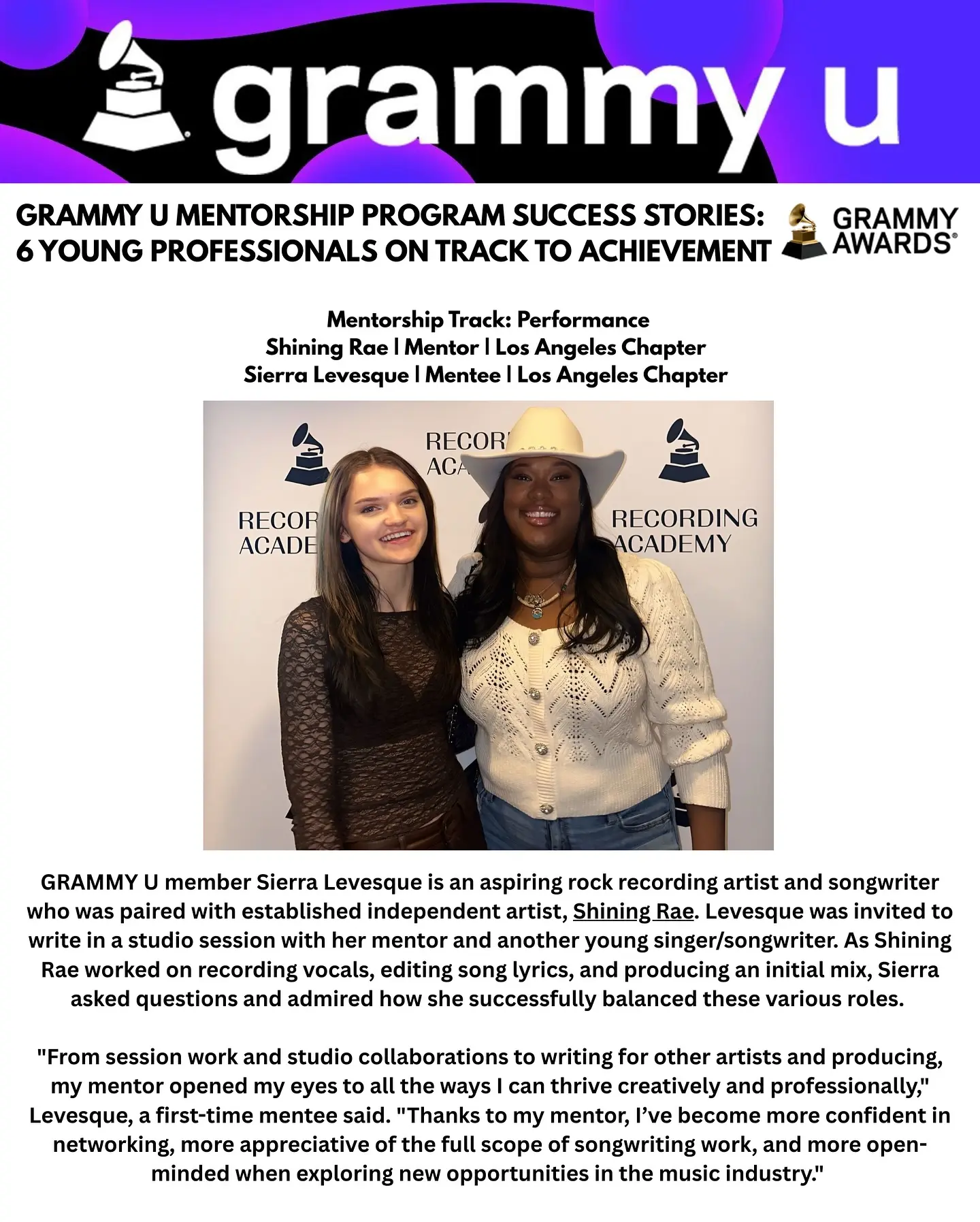 Sierra Levesque Spotlighted in GrammyU Mentorship Program