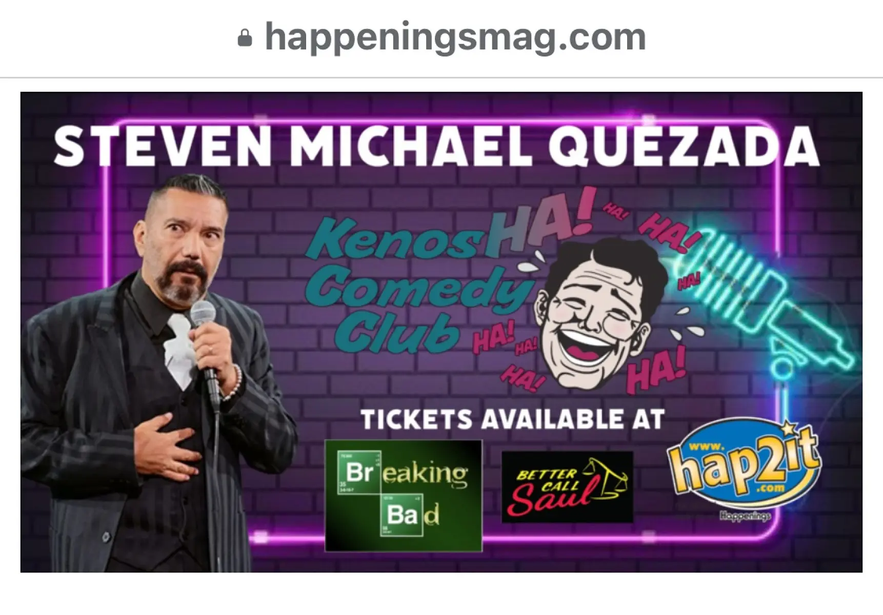 Steven Michael Quezada Headlines Kenosha Comedy Nights Hilarious live acts draw crowds as the TV star energizes Kenosha stage at 8PM tonight now!
