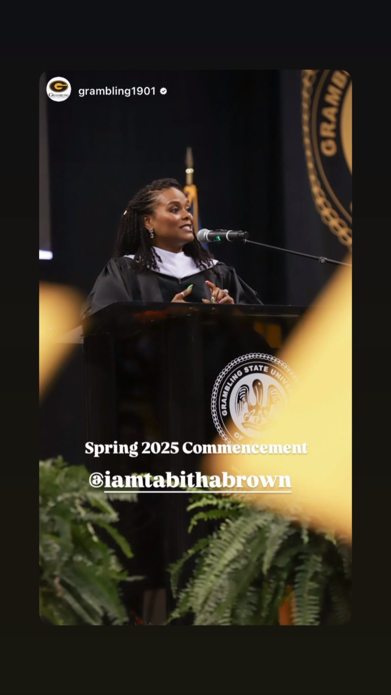 Emmy winner Tabitha Brown delivers motivational message at Grambling's Class of 2025 event.