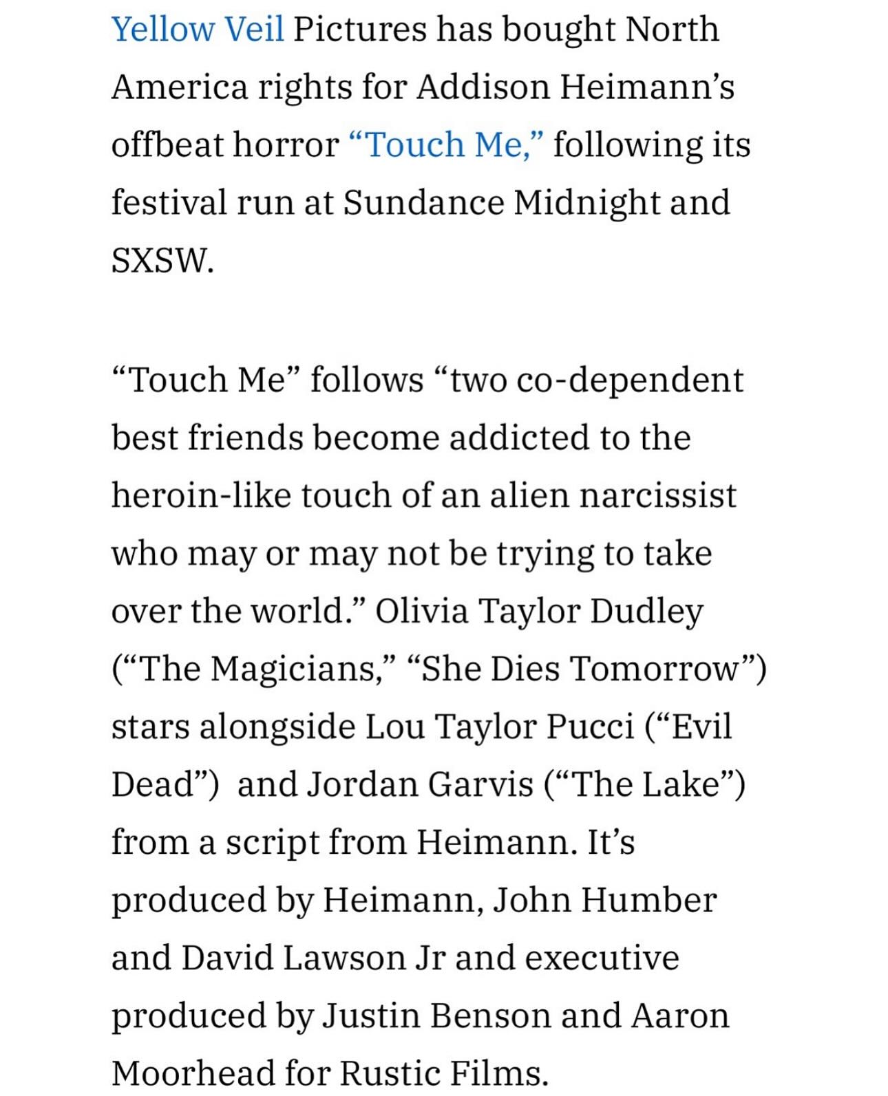 Touch Me Finds Theatrical Home With Yellow Veil Pictures