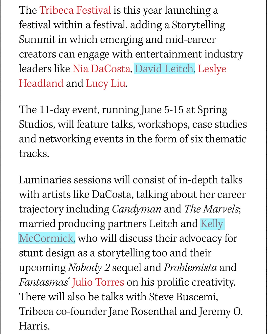 Tribeca Festival Spotlight on Leitch and McCormick