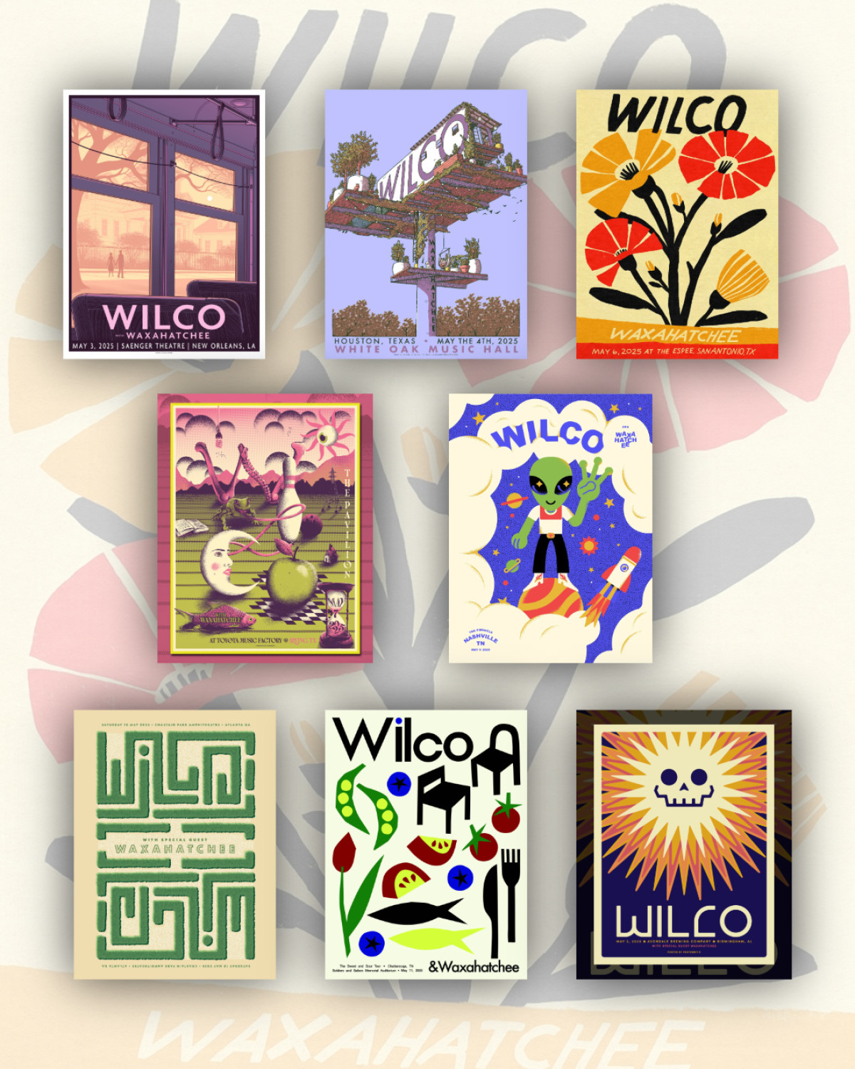 Exclusive tour merch featuring fresh designer works for Wilco fans in store and online now.