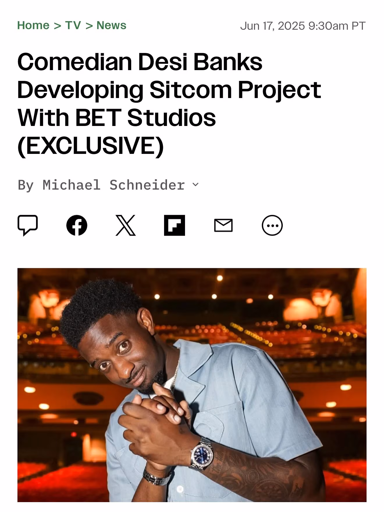 Desi Banks Scores BET Sitcom Order YouTube star and comedian teams with top network to debut his series on fresh family life.