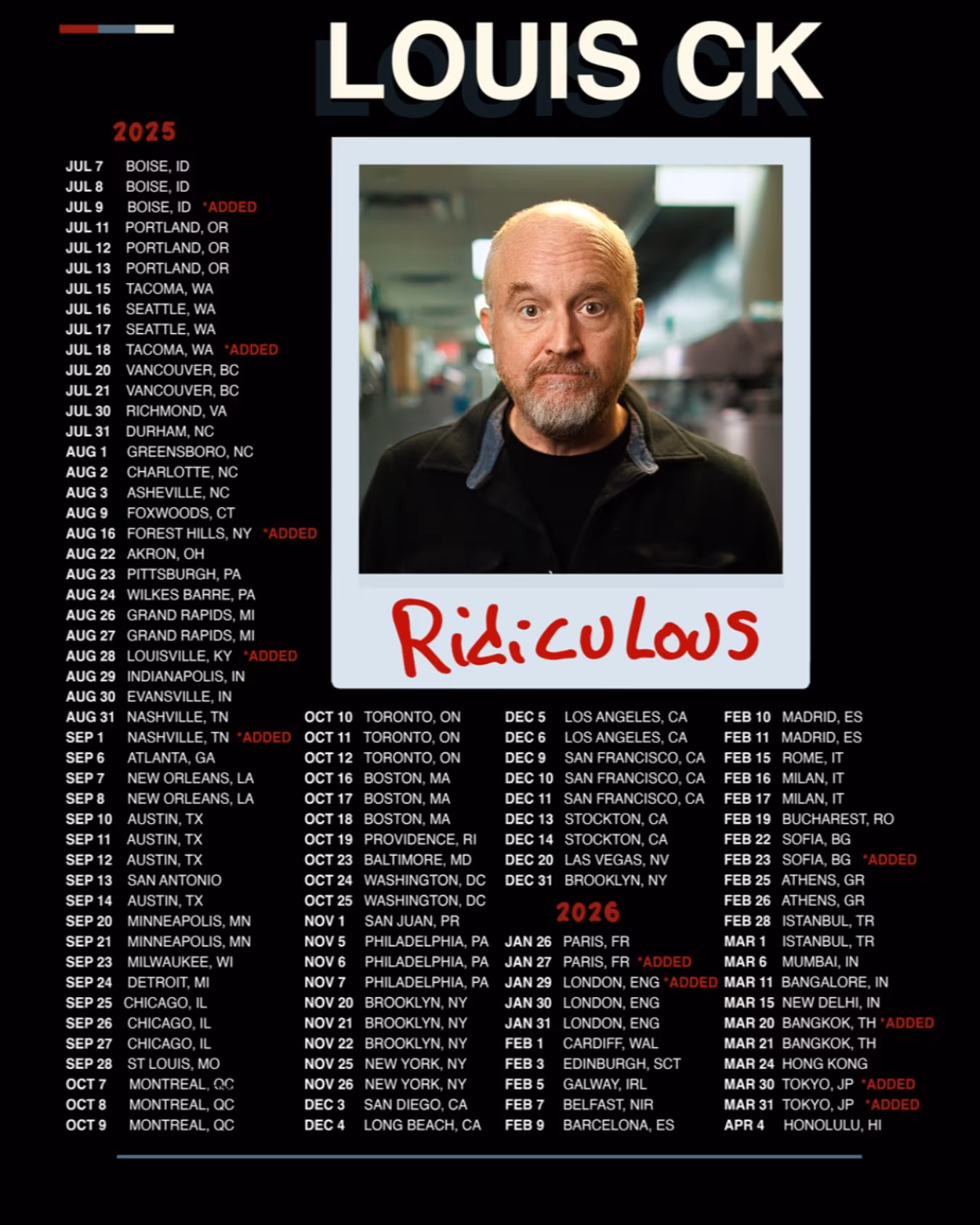 Louis C.K. Expands ‘Ridiculous’ Tour With New Dates Standup stops in Boise, Tacoma, Queens and Louisville now live with some tickets available